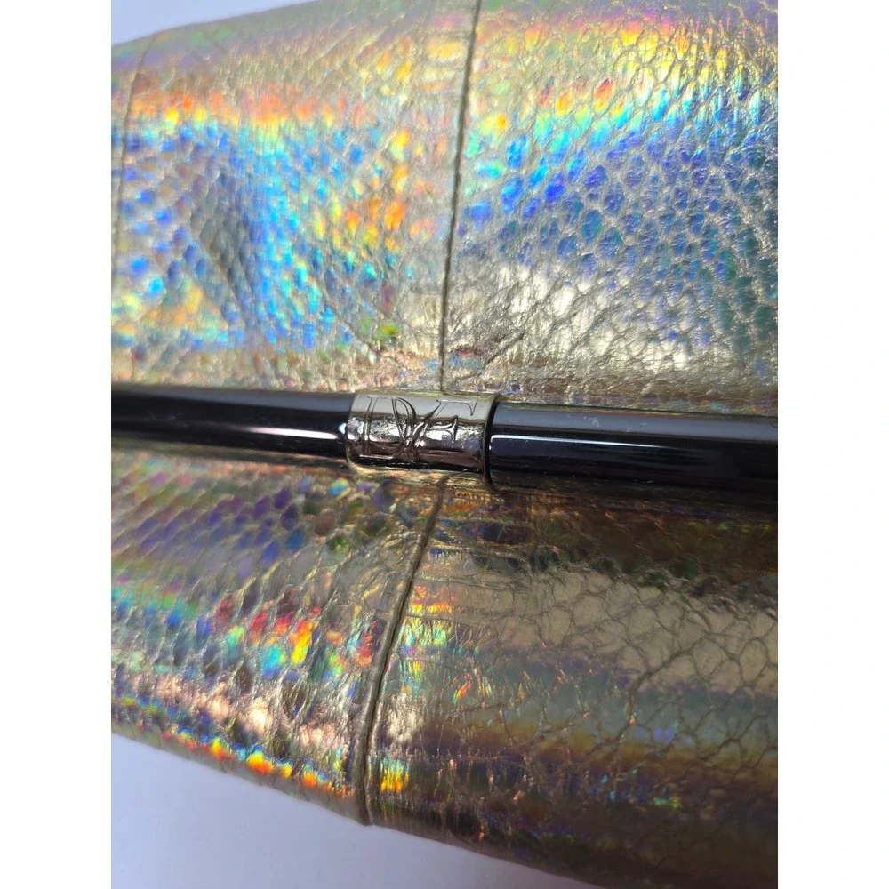 Diane von Furstenberg Gold Holographic Snakeskin Clutch Bag Evening Envelope